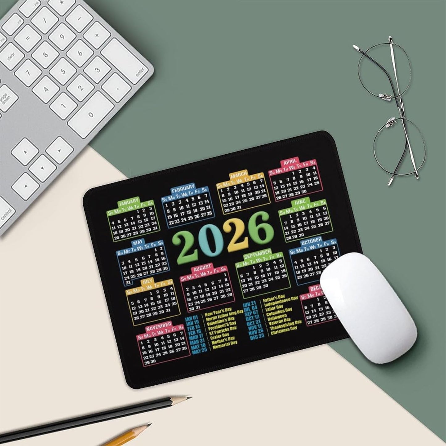 Mouse Pad 2026 Calendar Stitched Edge,Computer Mouse Pads Calendars Non-Slip Rubber Desk Mat Mousepad Gaming Office Keyboard Mat (9.45x7.87 in) (Colorful)
