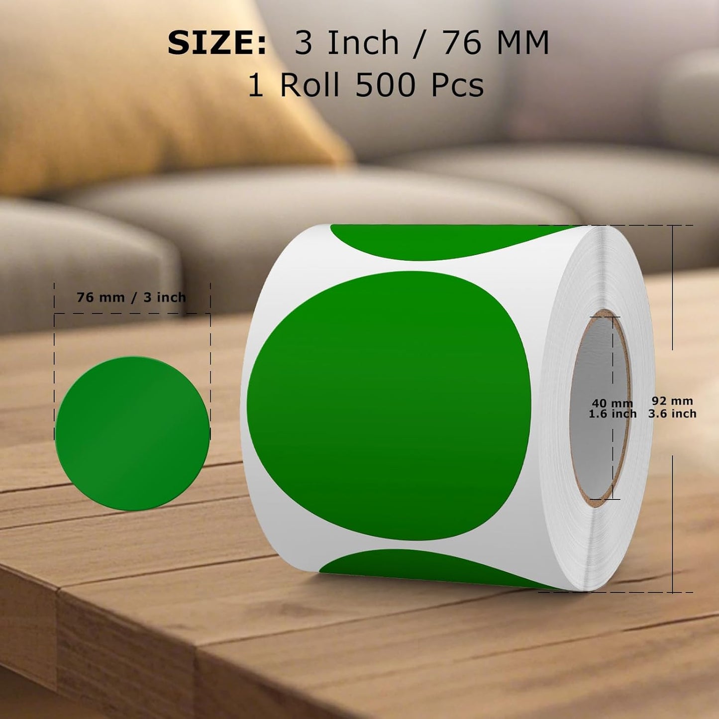 500 PCS Green Dots Stickers 3 Inch Vinyl Color Coding Round Sticker Removable Writable Circle Floor Labels Roll for Inventory Office Classroom Organize