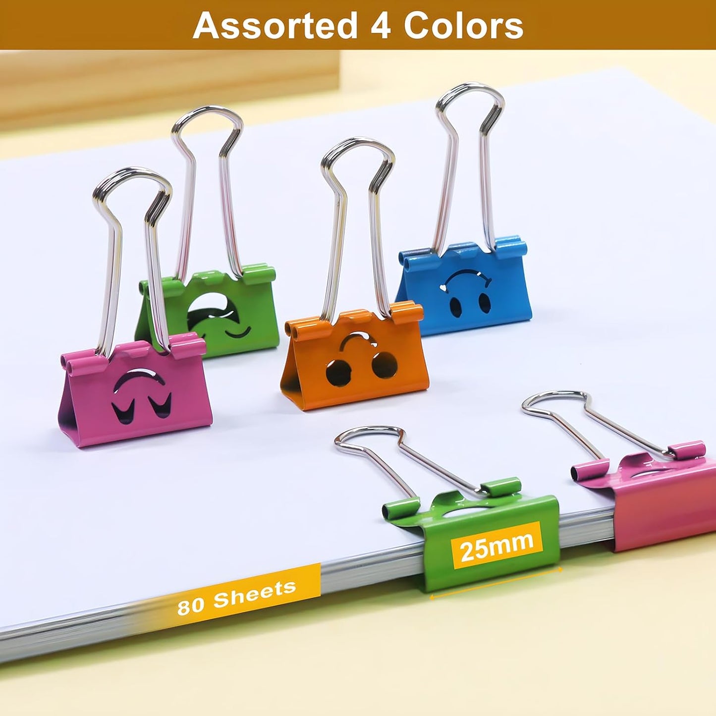 Coideal Smiling Face Binder Clips Medium, 48 Pcs 1 Inch Smiley Metal Paper Clips Clamps Assorted Color with Cute Fun Smile Hollow for Office (25mm)