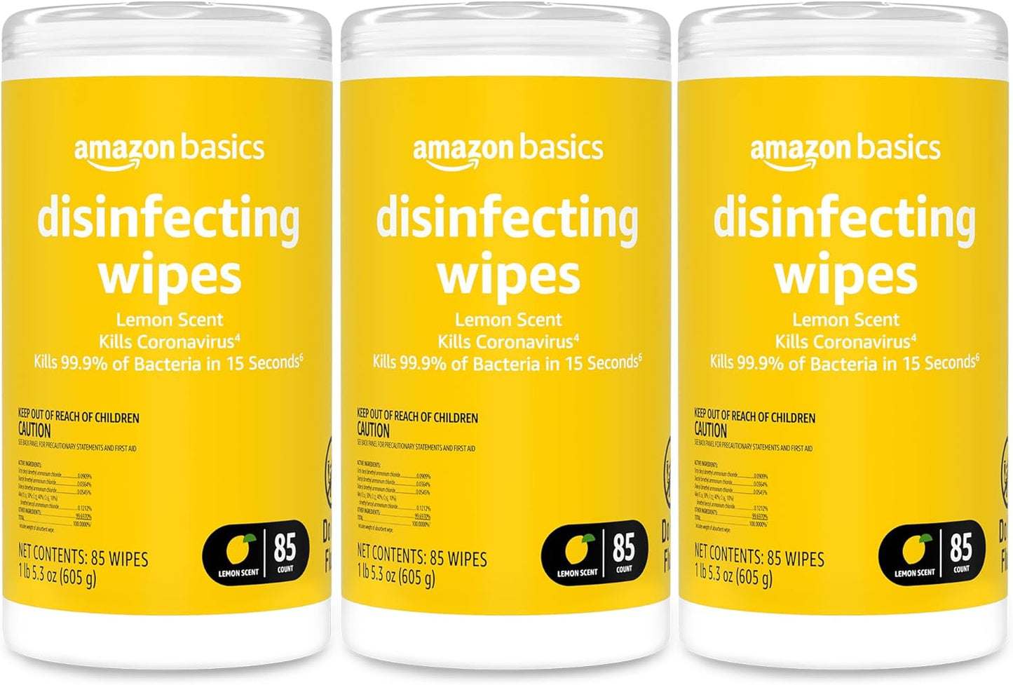 Amazon Basics Wipes, Lemon Scent, for Sanitizing, Cleaning & Deodorizing, 255 Count (3 Packs of 85)