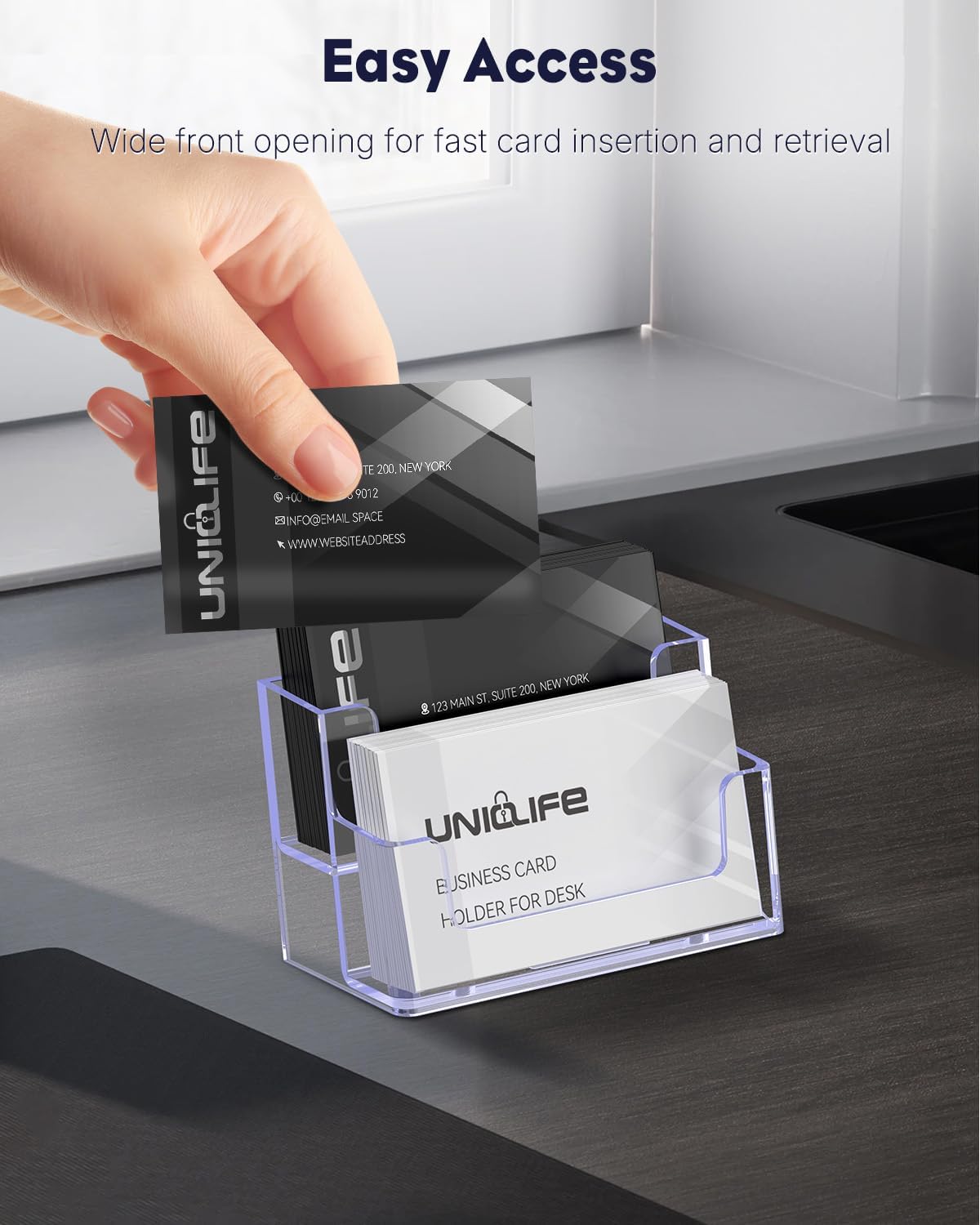 Uniclife 4 Pack Acrylic Business Card Holder for Desk 2 Slots Clear Business Card Display Stand for Men & Women Desktop Business Card Organizer Card Stand for Office Home Exhibition, 120 Card Capacity