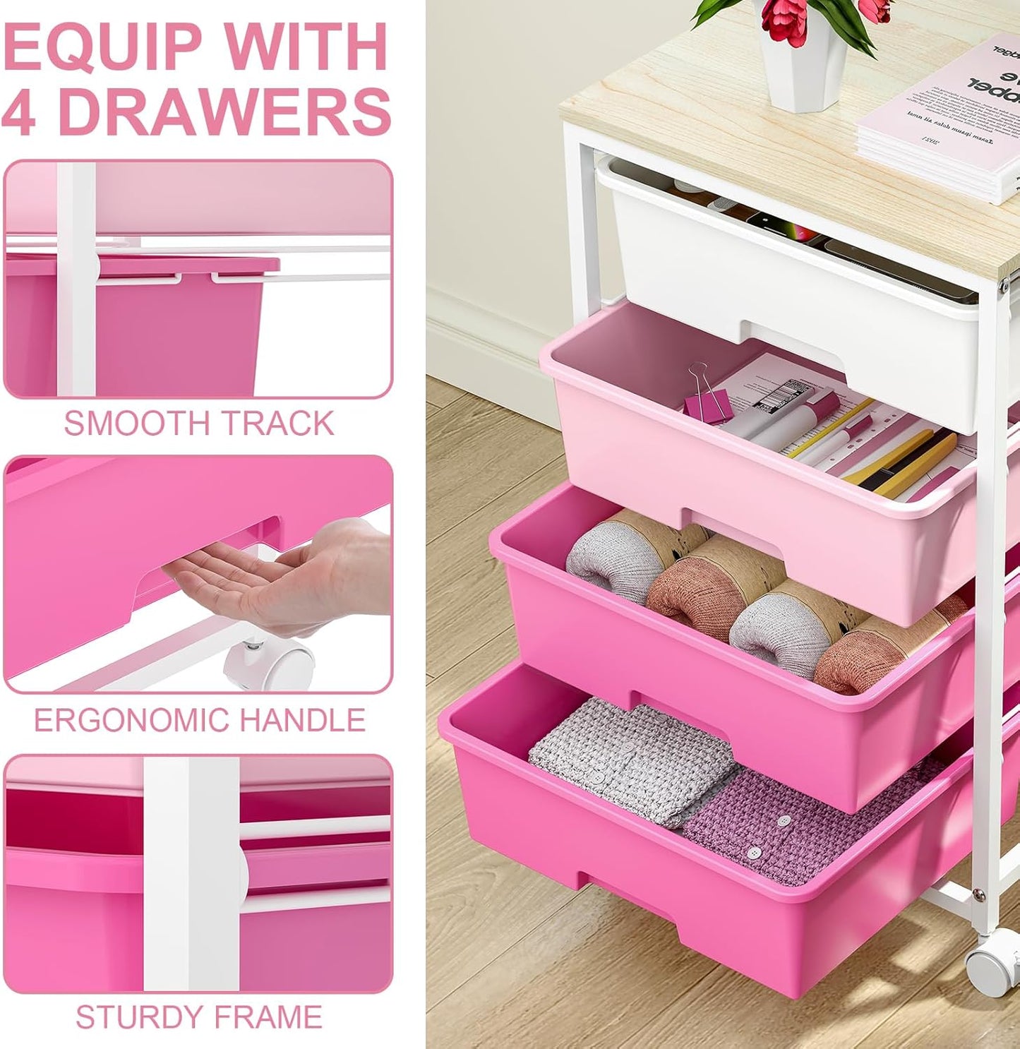 Utility-Rolling-Craft-Storage-Cart-Organizer with 4 Drawers and Wooden Tabletop, 4 Tier Drawer Cart for Home Office, Kid Room, Classroom Teacher, Dorm, Pink
