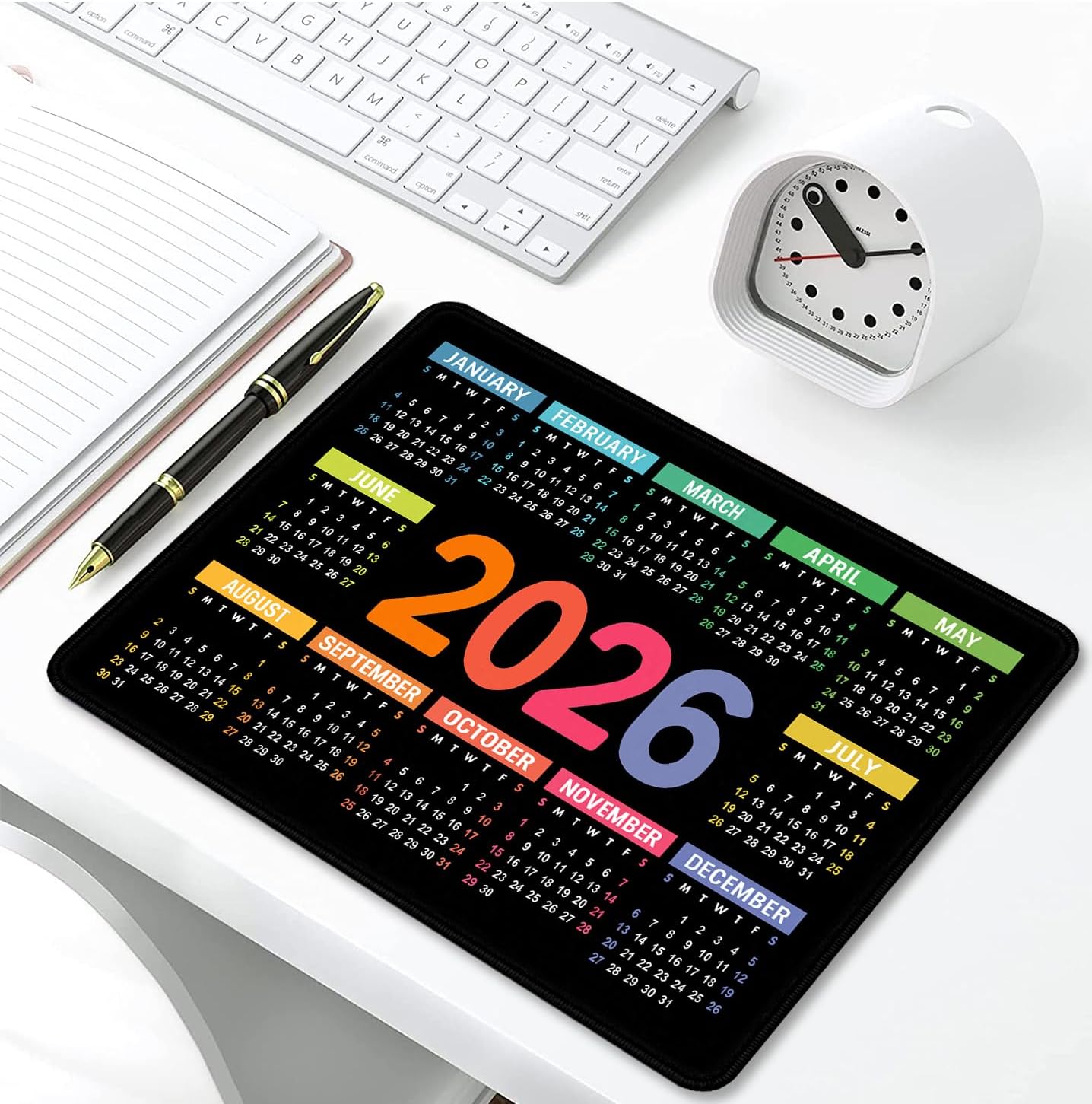 2026 Calendar Mouse pad, Gaming Stitched Edge Computer Accessory Mouse Pad, Rectangular Anti Slip Chloroprene Rubber Mouse Pad for Office and Home Use (Black Calendar Mouse Pad)