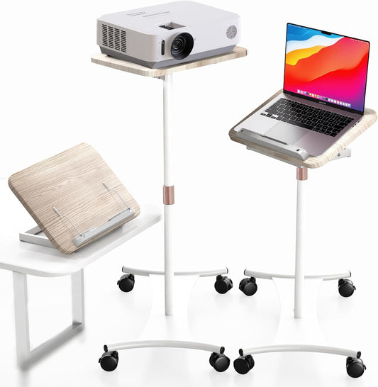 Rolling Laptop Floor Stand, Dual-Purpose for Desk & Floor, Adjustable Height from 16.5" to 51", with 4 Lockable Casters & Book Page Clips, Laptop Stand Ideal for Projectors, Books, Ipads (White)