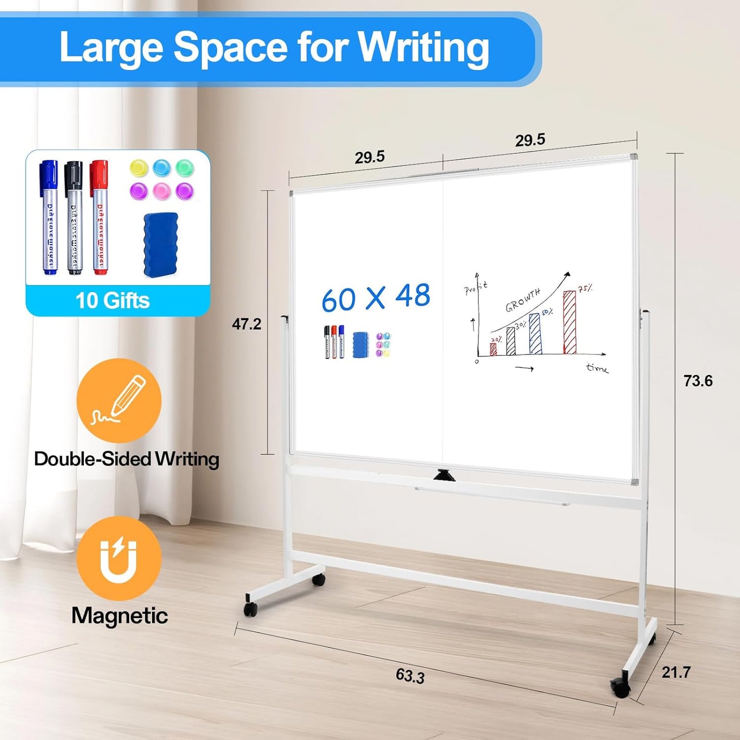 60 x 48 Double Sided Rolling Whiteboard, Large Rolling White Board - Magnetic Rolling Dry Erase Board Easel Standing Board on Wheels with Aluminium Frame for Office, Home & Classroom