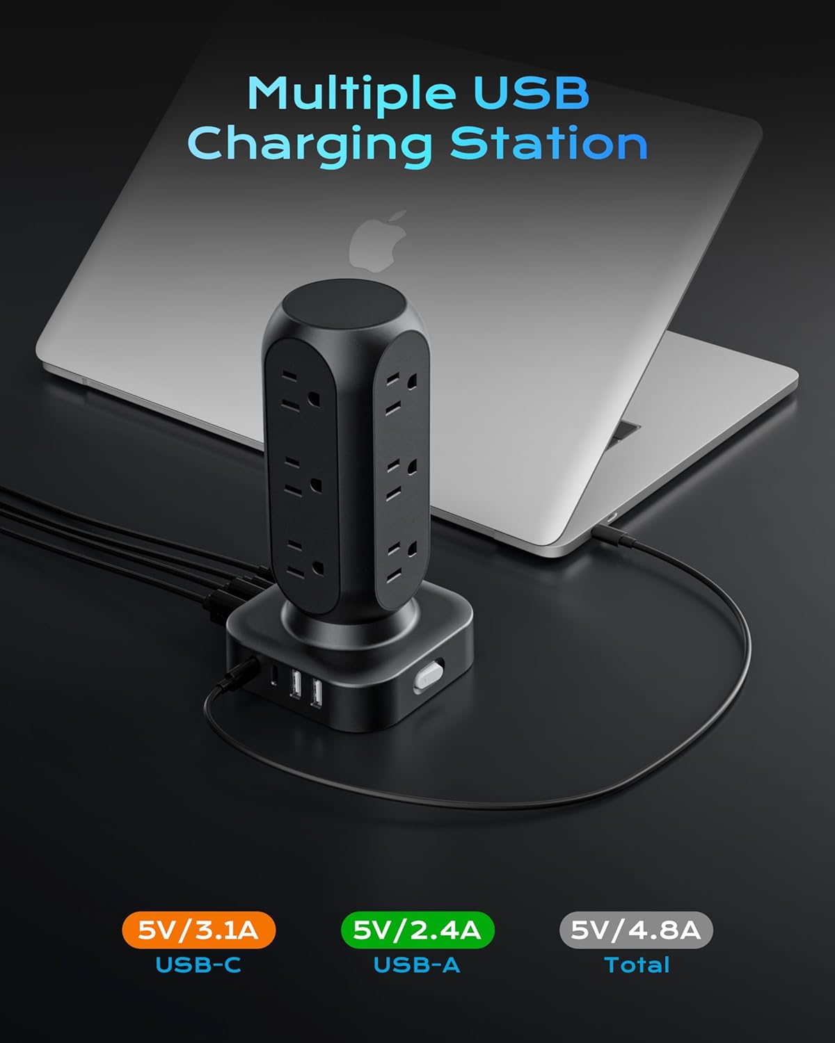 Tower Surge Protector Power Strip,12 AC Outlets & 8 USB Ports, Flat Plug 5FT Extension Cord with Multiple Outlets, 24W Outlet Extender Overload Protection for Home Office Room