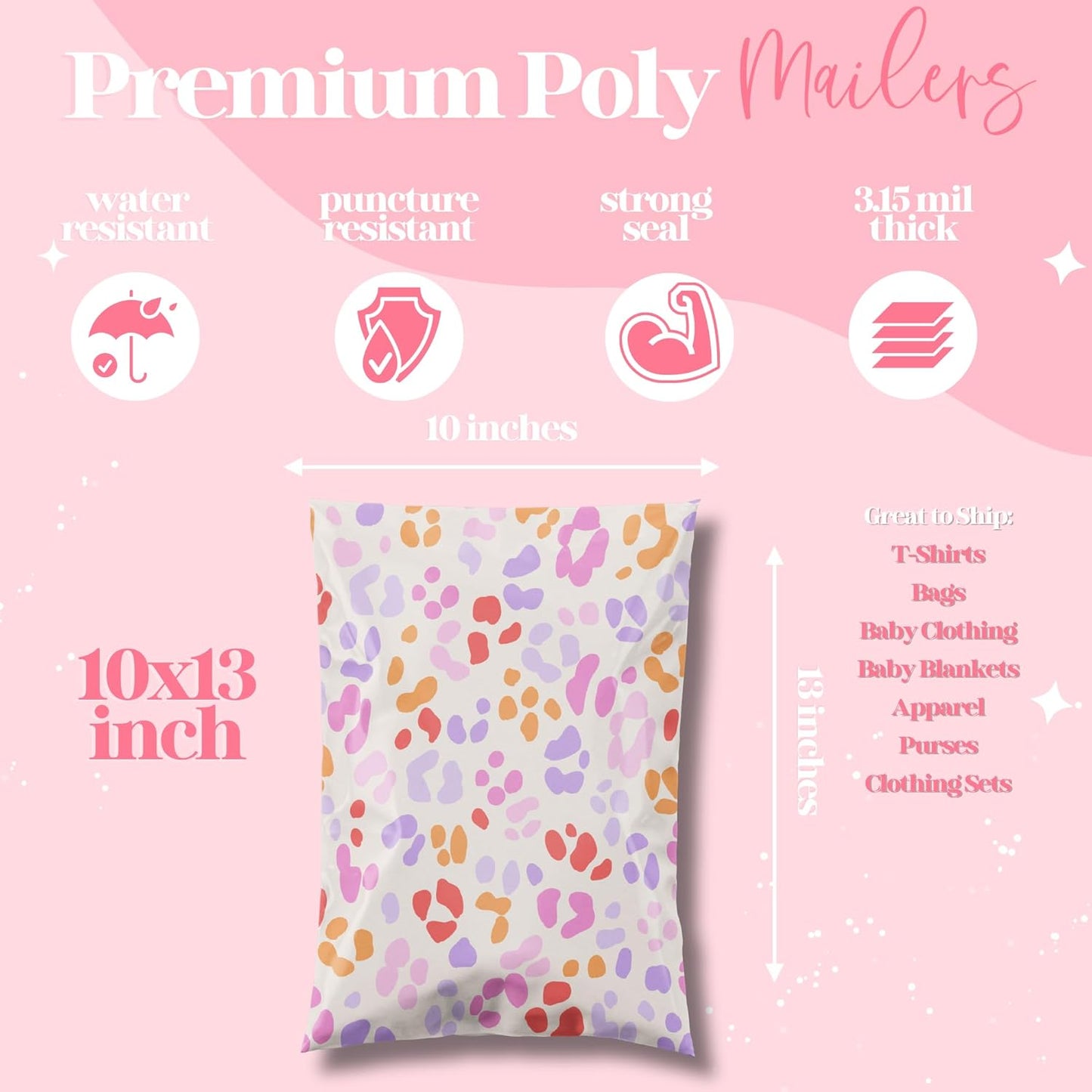 10x13 Designer Poly Mailer 100 Pack Heavy Duty Waterproof Self Seal Shipping Bags for Small Business Large Mailing Envelopes Bulk Tear Resistant Cute Packaging Preppy Leopard