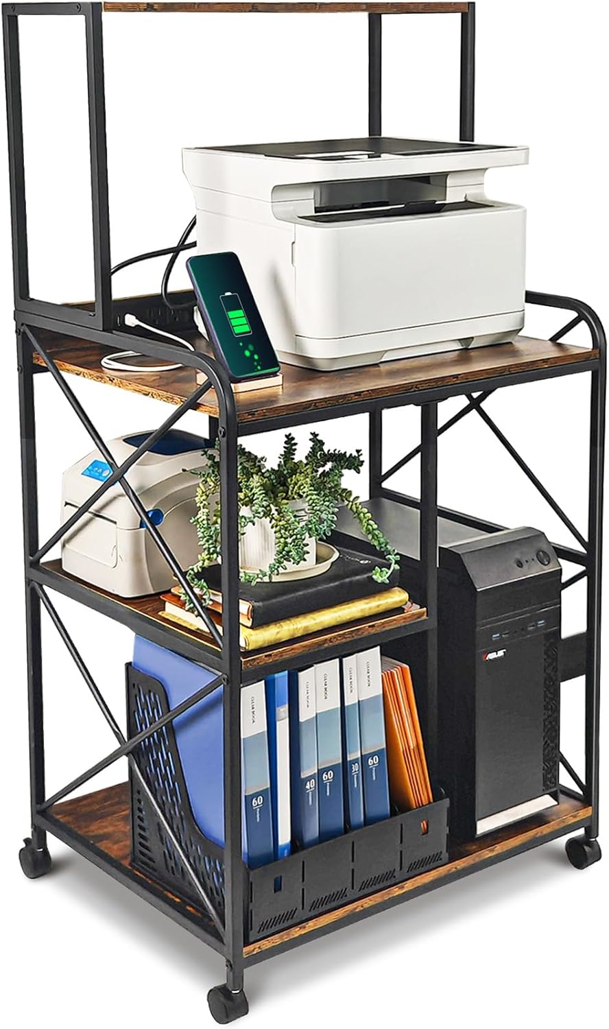 Printer Stand, Large Printer Stand with Storage, 23 x 18 Inch Printer Table for Home Office, 4 Tier Home Printer Cart with Wheels & Socket, Computer Tower Stand, Vintage Brown