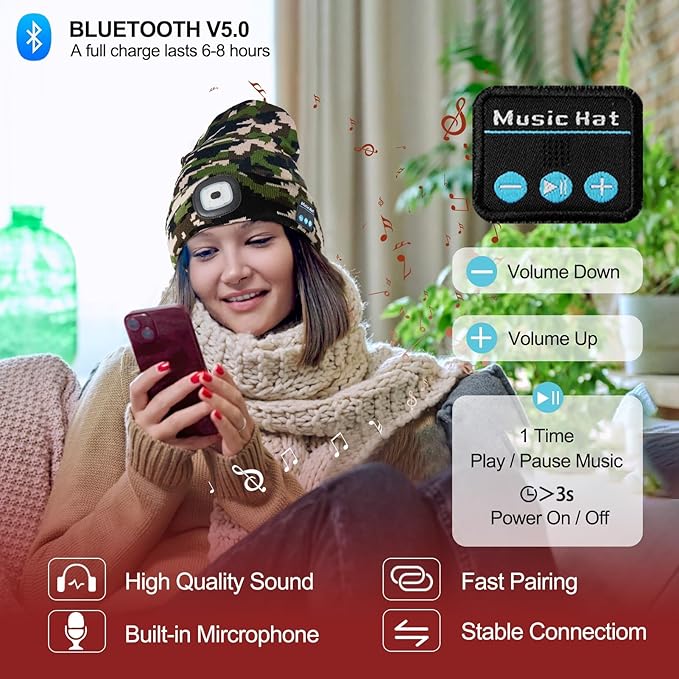 Gifts for Men, Rechargeable Bluetooth Music Unisex Beanie Hat with Light, Stocking Stuffers for Women, Birthday Gifts for Men, for Him, Camouflage