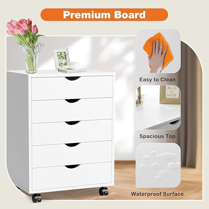 5 Drawer Chest, Dressers Storage Cabinets Wooden Dresser Mobile Cabinet with Wheels Room Organizer, Small Drawers Wood Organization Furniture for Office, Home