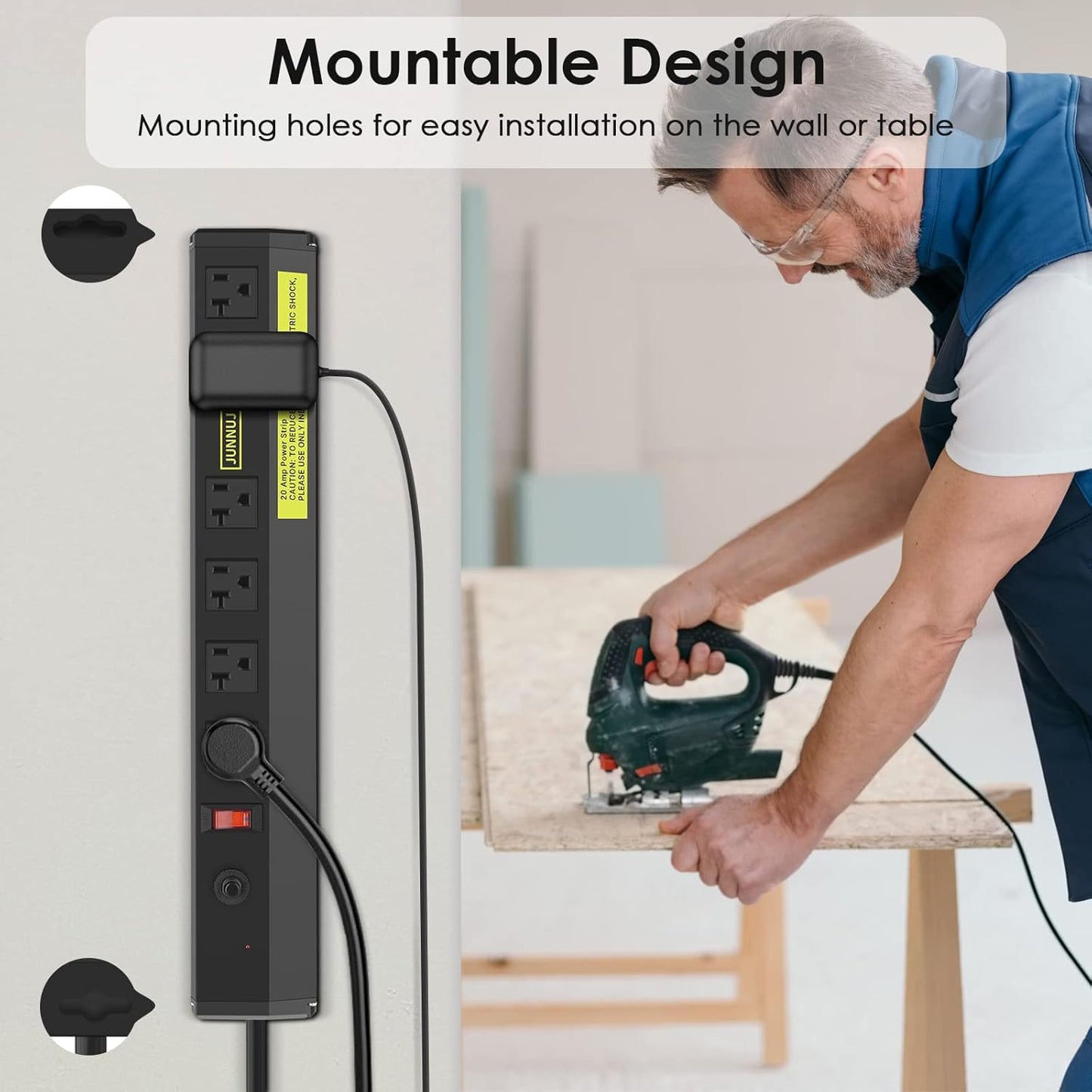 JUNNUJ Heavy Duty Metal Power Strip 20 Amp, High Amp Surge Protector 6 Outlet, 20A Power Strips Workshop Industrial Outlets Wide Spaced 6-20R T-Slot with Circuit Breaker, 12 Gauge Extension Cord 15ft