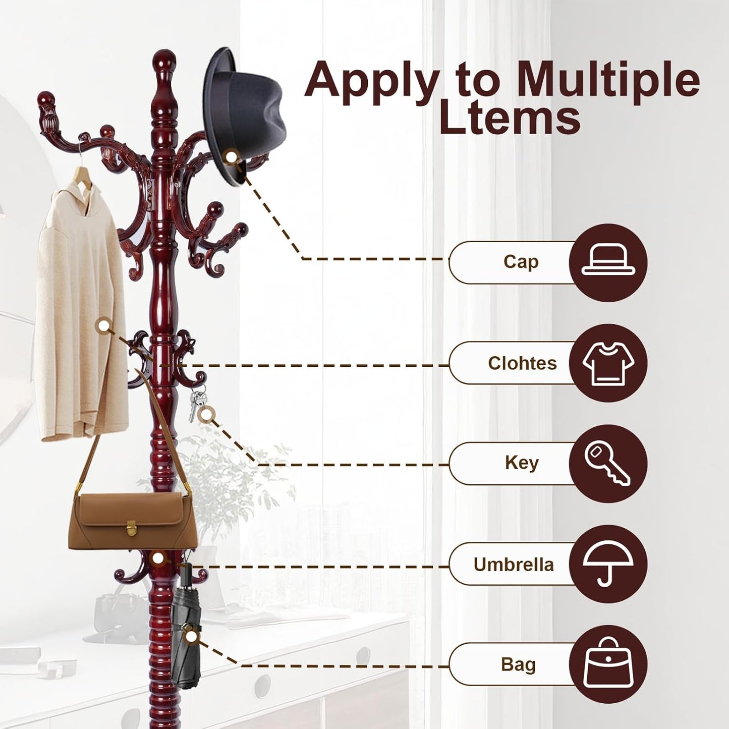 Solid Wood Coat Rack – 73" Freestanding Coat Racks Stand with 14 Hooks & Stable Base, Adjustable Height Modern Wooden Hall Tree for Entryway, Bedroom, Office, Home (Mahogany Triangle)