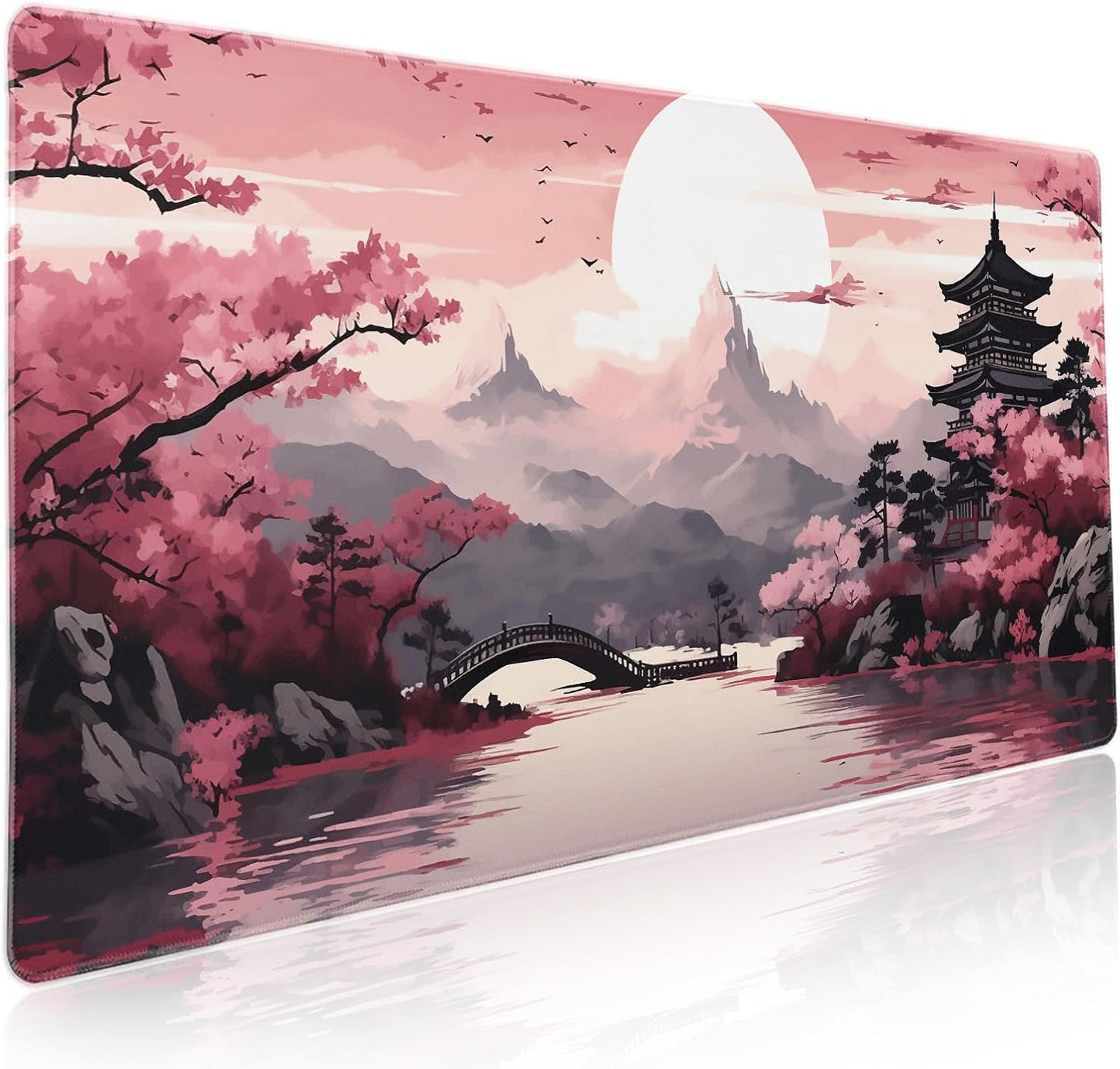 Pink Japanese Sakura Gaming Mouse Pad XXL Cherry Blossom Tower Mountain Landscape Big Extended Large Desk Mat Non-Slip Rubber Base Stitched Edge Long Mousepad for Computer Gamer, 35.4 x 15.7 in