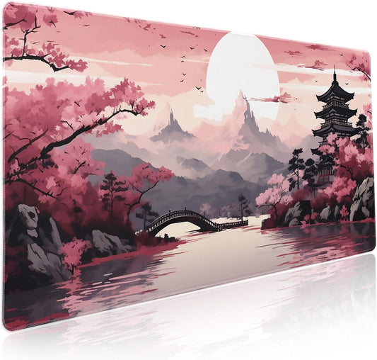 Pink Japanese Sakura Gaming Mouse Pad XXL Cherry Blossom Tower Mountain Landscape Big Extended Large Desk Mat Non-Slip Rubber Base Stitched Edge Long Mousepad for Computer Gamer, 35.4 x 15.7 in
