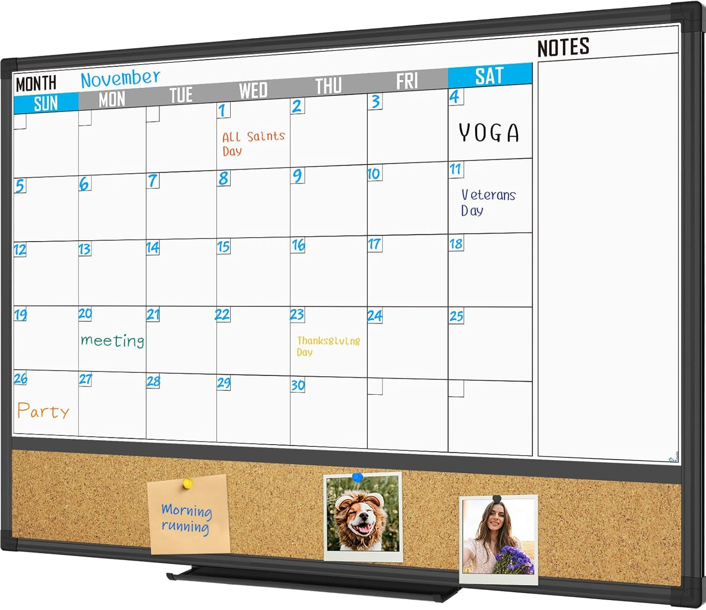XBoard Dry Erase Calendar Whiteboard 36 X 24 - Combo White Board Calendar Monthly, Magnetic White Board + Corkboard with Black Aluminum Frame, 10 Colorful Push Pins & Marker Tray Included
