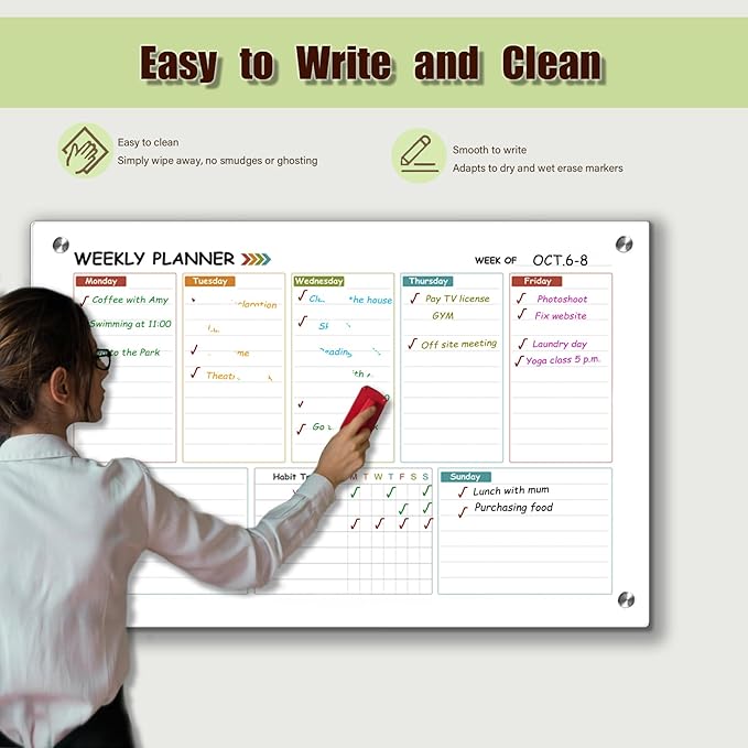 Glass Colorful Weekly Dry Erase Calendar Whiteboard for Wall,24"x 36",Frameless Mounting,Office/School/Home, Frameless Large Planner White Board