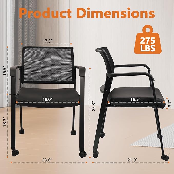 CLATINA Stacking Office Chair with Wheels, Mesh Back Waiting Room Guest Chairs with Arms Comfortable Leather Cushion Stackable Desk Chair for Conference Reception School Side Stationary, Black, 4PK