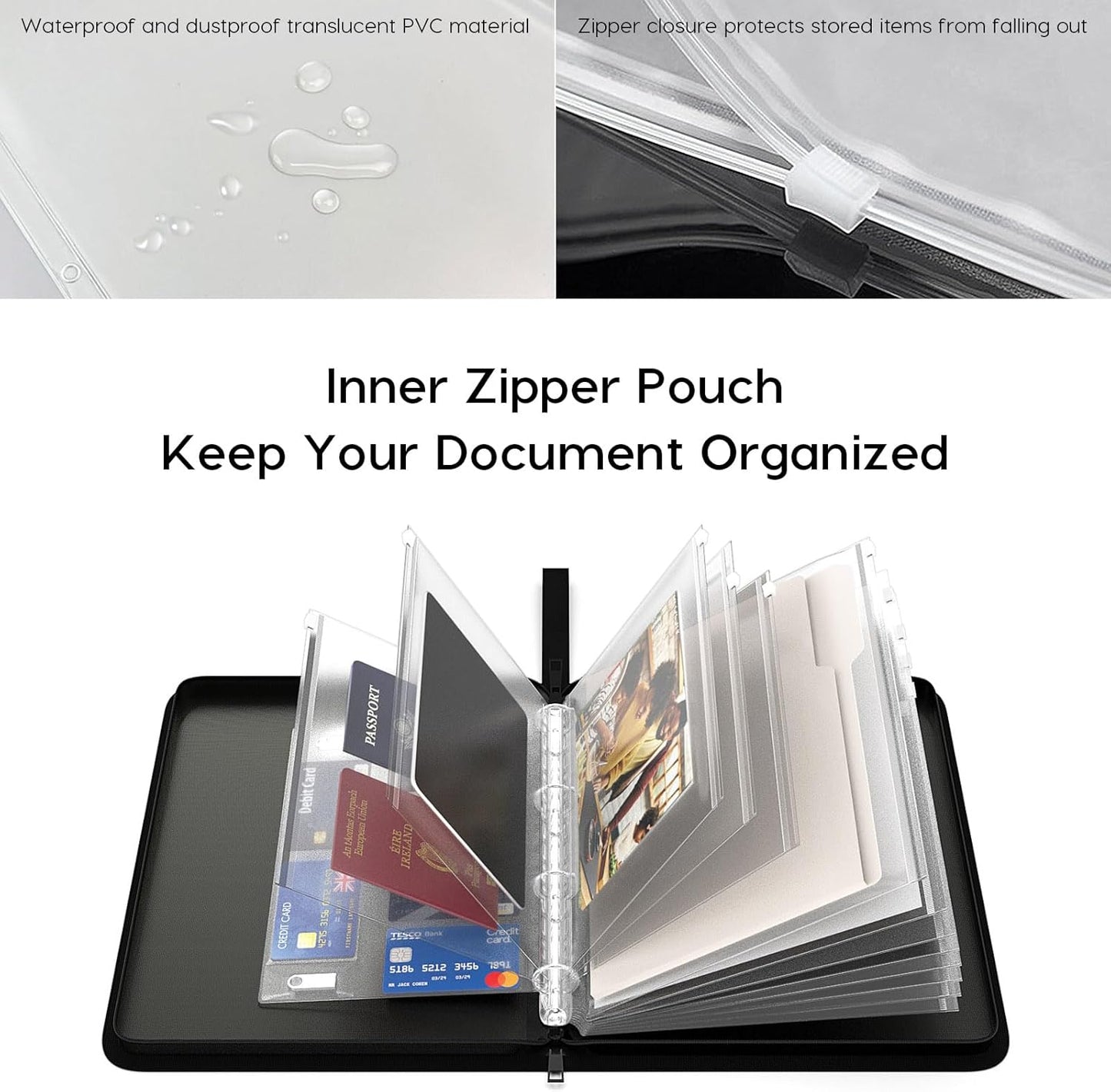 Important Document Organizer Zipper Binder,Fireproof Document Bag for Birth Certificate Protector, Waterproof Bill Organizer in Case I Go Missing Binder for Home Safe, 4 Ring Receipt Holder (Black)