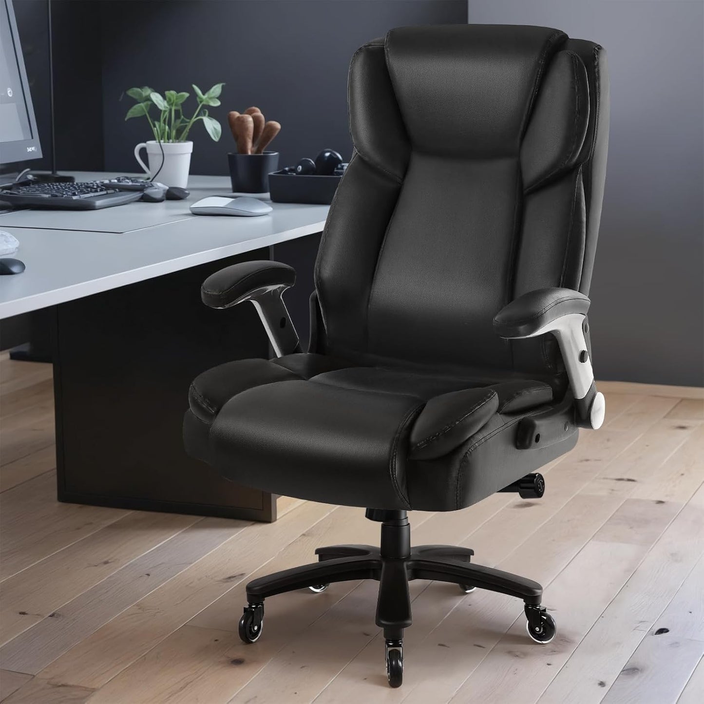Big and Tall Office Chair 600LBS, Heavy Duty Office Chair for Heavy People, High Back Executive Office Leather Chair with Adjustable Armrests and Lumbar Support, Black Ergonomic Big Tall Chair