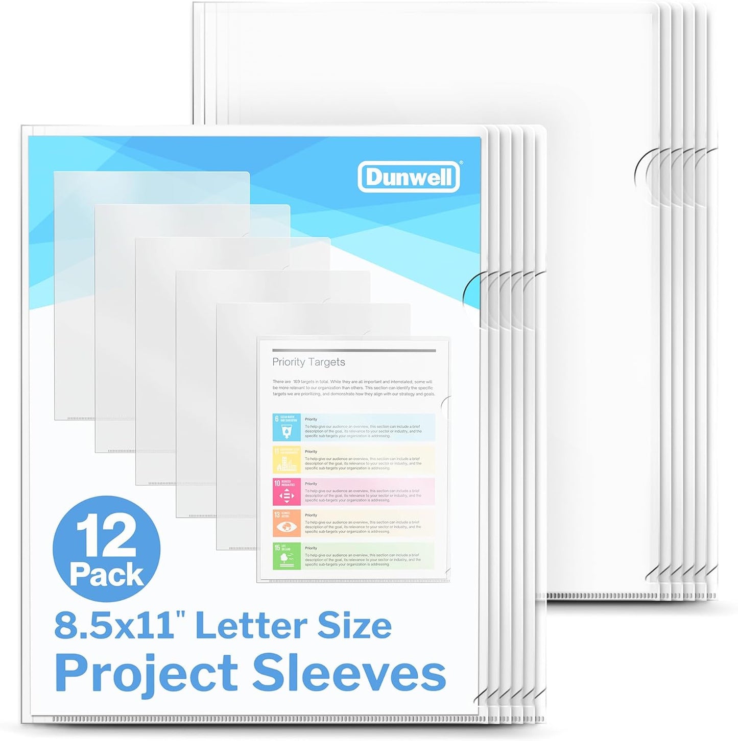 Dunwell Clear Folders for Documents, Plastic 8.5x11 File Sleeves for Document Protection, Filing, Storage, Organization (12 Pack) Transparent Folders with Pockets, Durable Letter Size Document Holder