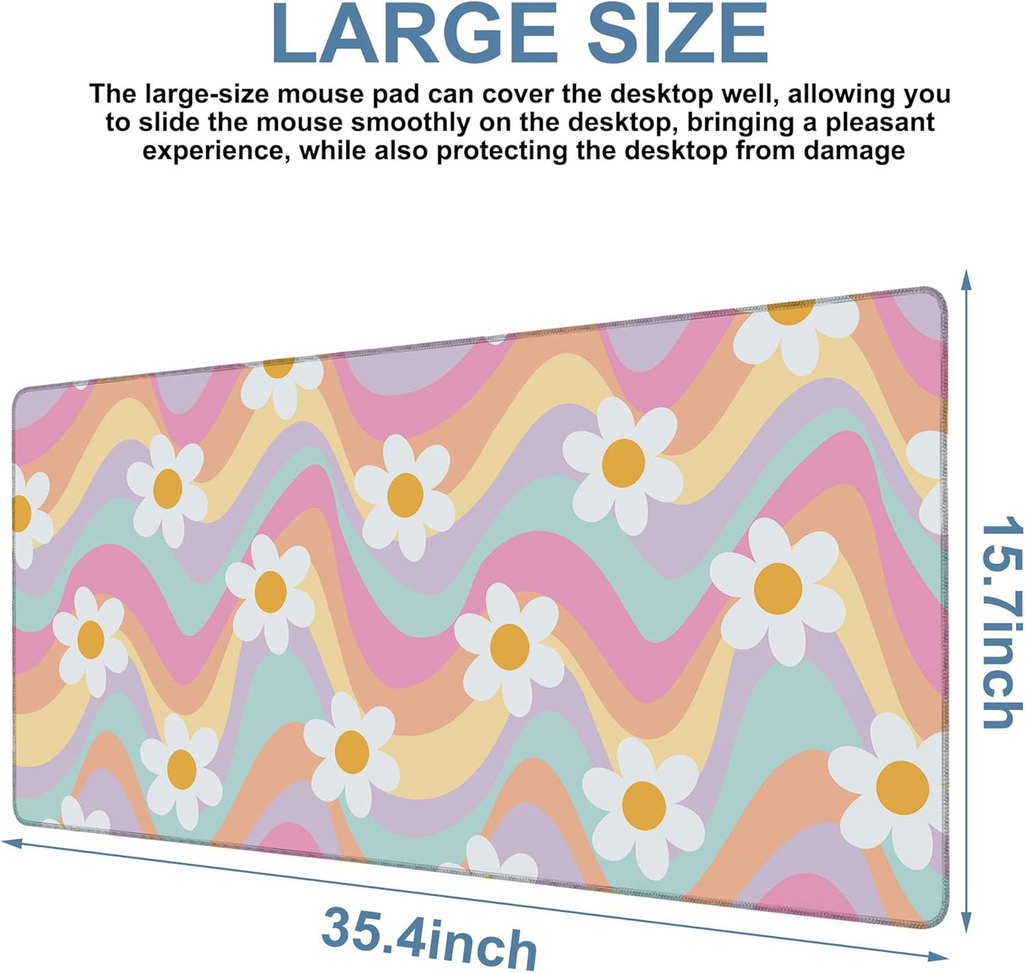 Large Mouse Pad Floral and Wavy Gaming Desk Pad Computer Keyboard Non-Slip Waterproof Mouse Mat with Rubber Base and Stitched Edges Entertainment Office Writing Desk Mat 35.4 x 15.7 Inches