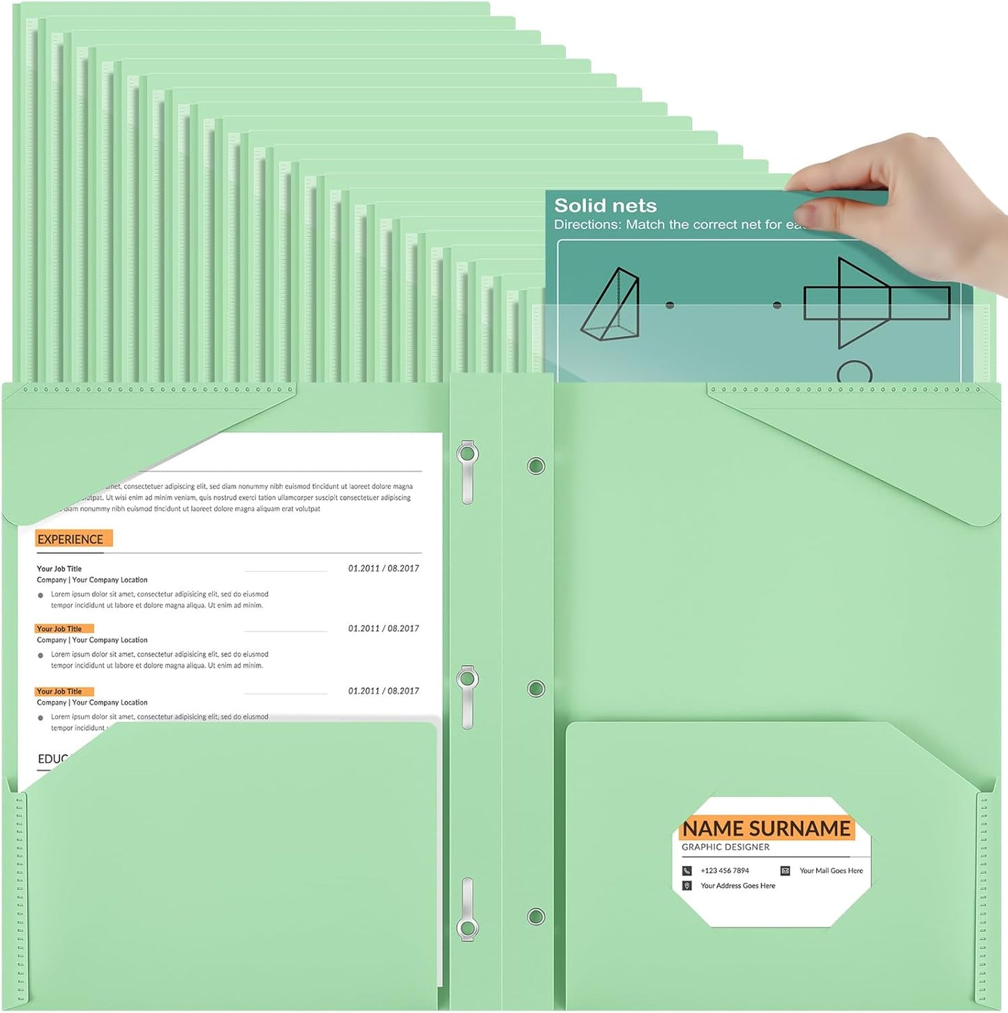Henoyso 72 Pcs Plastic Folder with Clear Front Pocket and 3 Prong Plastic Folders with Card Slot Pocket Folders with Prongs for School Office (Light Green)