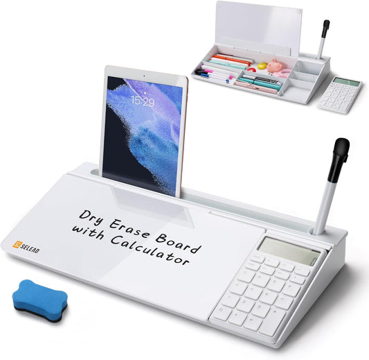 SELEAD Desktop Glass Whiteboard with Calculator, Organizer, Markers, Eraser, Holder - Small Dry Erase White Board Computer Pad Keyboard Stand Desk Drawer Accessories for Home, School, Office