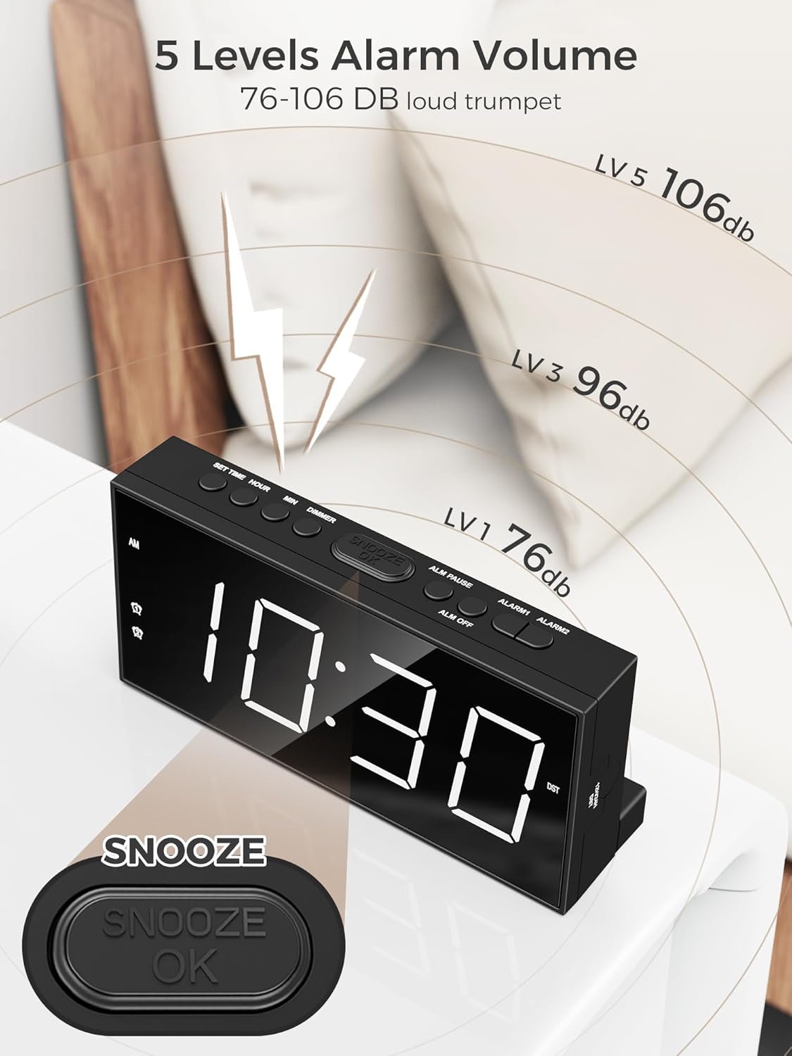 Alarm Clock for Bedroom, 2 Alarms Loud LED Big Display Plug in Simple Basic Digital Clock with USB Charging Port, Adjustable Volume, Dimmable, Snooze for Deep Sleepers Kids Elderly Home Office