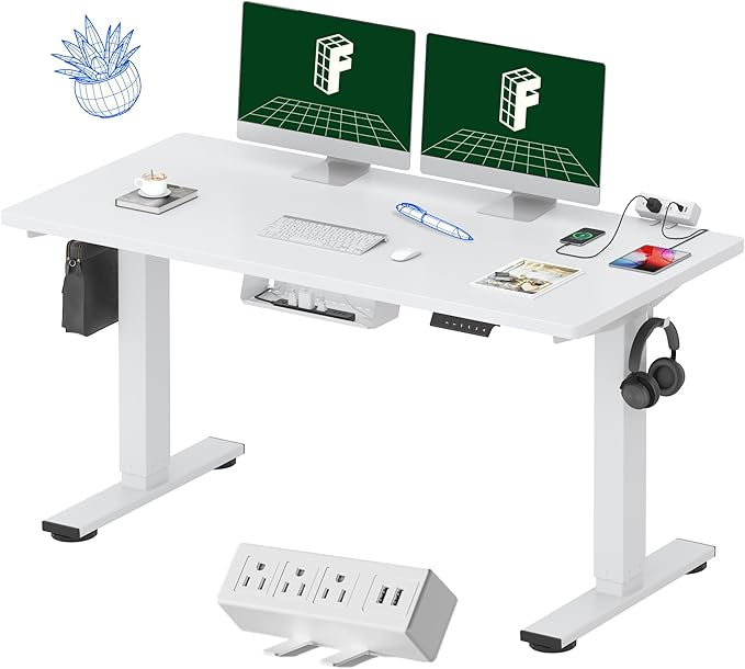 FLEXISPOT EN2 Whole-Piece Standing Desk with Clamp Power Strip, 55 x 28 Electric Stand Up Height Adjustable Desk with Cable Management (White Frame + 55" White Top,2 Packages)