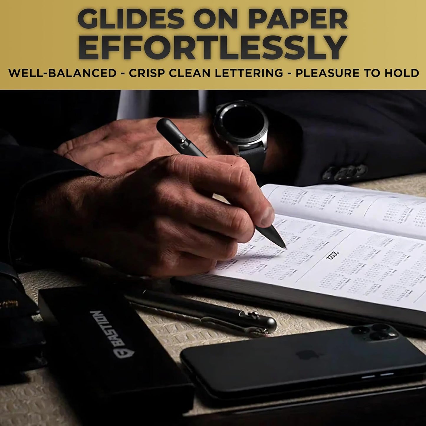 BASTION® Luxury Bolt Action Pen, Durable Professional Ballpoint Pen with Fine Tip, EDC Pen Ink Refillable Pen - Black Stainless Steel