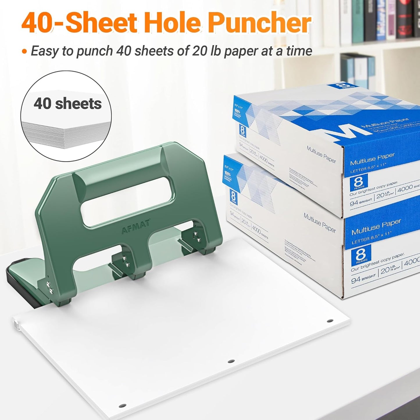 3 Hole Punch Heavy Duty, AFMAT 3 Hole Puncher for Binder, 10000+ Punching Times, 40-Sheet Three Hole Punch, Metal Hole Puncher 3 Ring, 50% Reduced Effort, Bulit-in S.S. Paper Guide, Green