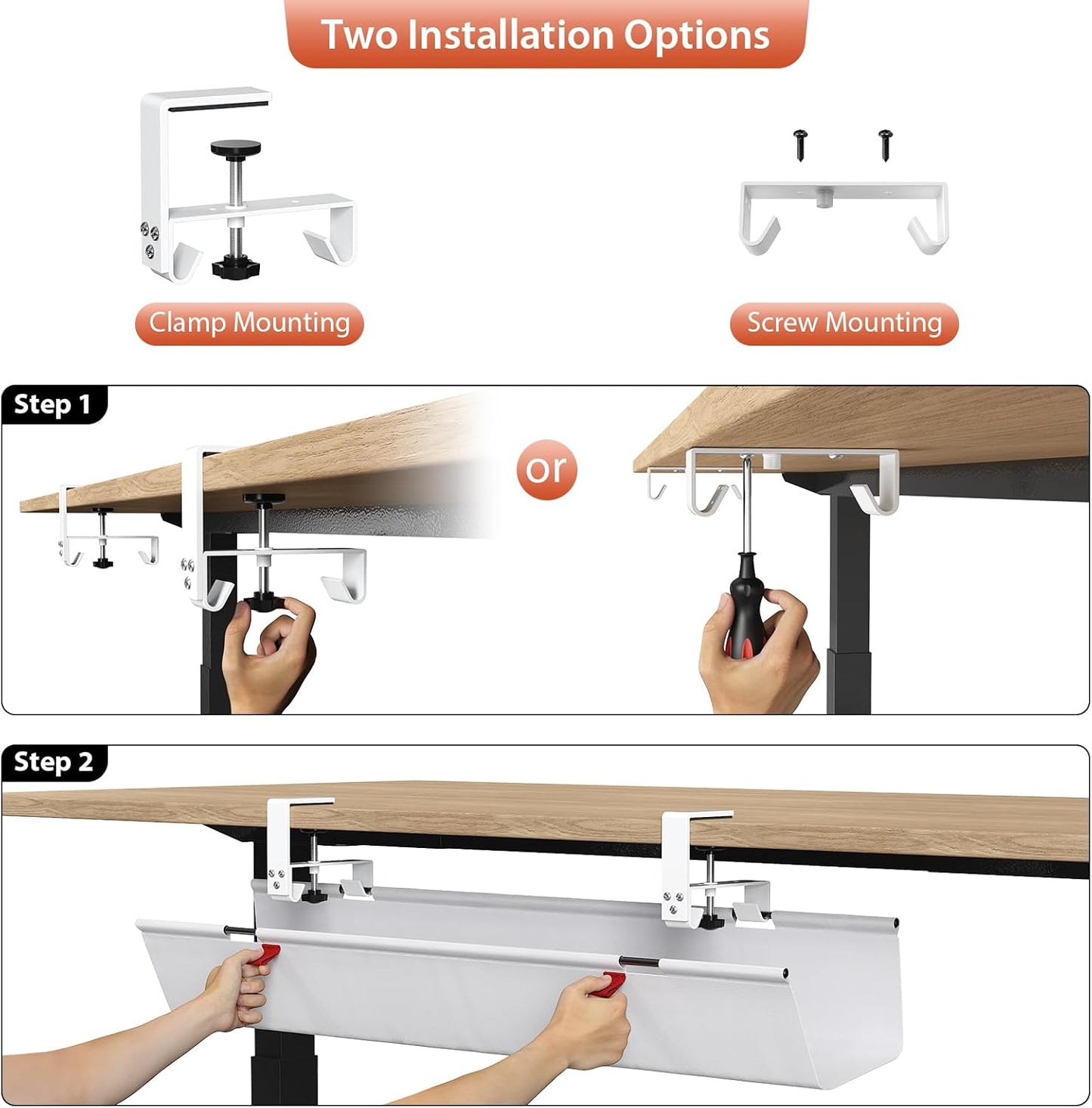 Univivi No Drill Under Desk Cable Management Tray, 36" Cord Organizer for Table, Clamp/Screw Mount Desk Cable Management, Premium Fabric Cable Management Tray for Office, Home