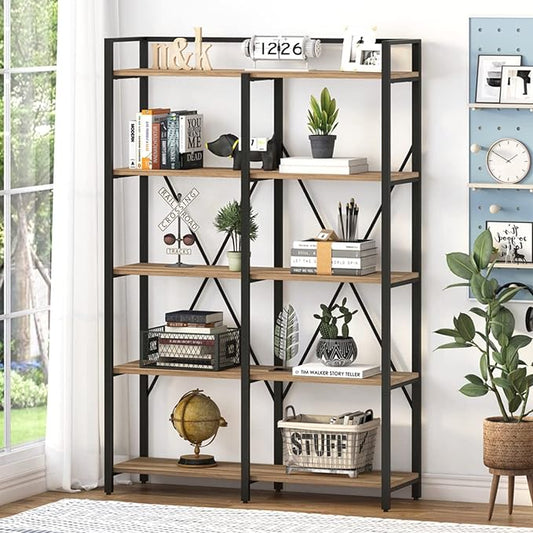 BON AUGURE Industrial Bookshelves and Bookcases, 5 Tier Heavy Duty Etagere Shelving Unit, Farmhouse Rustic Wood Metal Book Shelves for Office, Living Room and Bedroom (Vintage Oak)