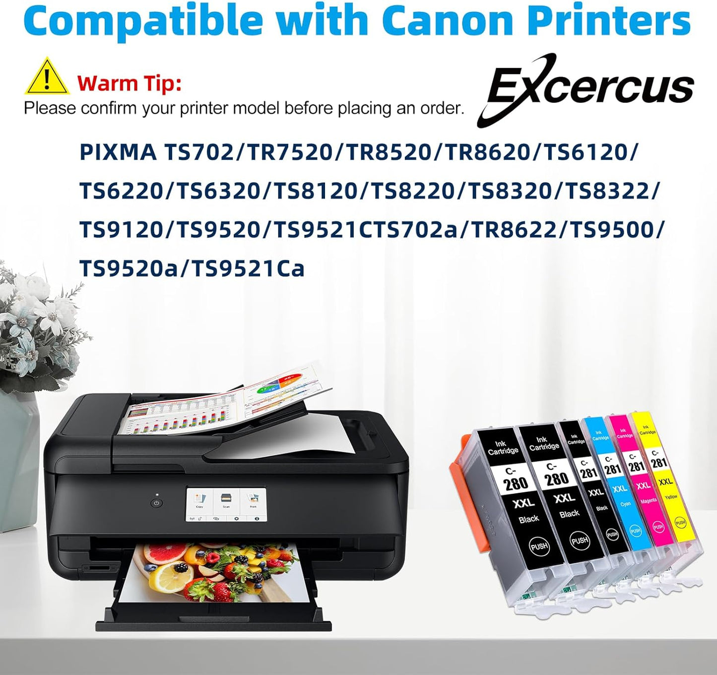 Compatible Ink Cartridge Replacement for Canon PGI-280 XXL CLI 281 Compatible with Canon Pixma TR7520 TR8520 TS6120 TS6220 TS6320 TS8120 TS8220 TS9120 TS9520 TS9521C (2PGBK & BK/C/M/Y 6 PK)
