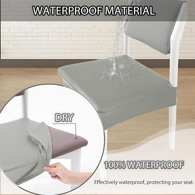 CWK Waterproof PU Leather Dining Chair Covers Set of 2-Stretchable Chair Seat Slipcovers, Removable & Washable Protector for Dining Room,Home,Office,Wedding,Rear Covers (PU-Silver)