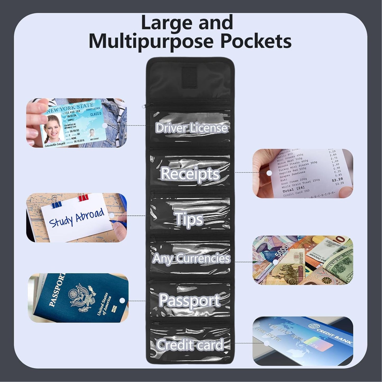 Money Organizer,Money Organize for Cash with 6 Zippered Pocket Multipack Pouch,Small Travel Casher Holder,Cash Holder for Bills,Coins,Foreign Currencies