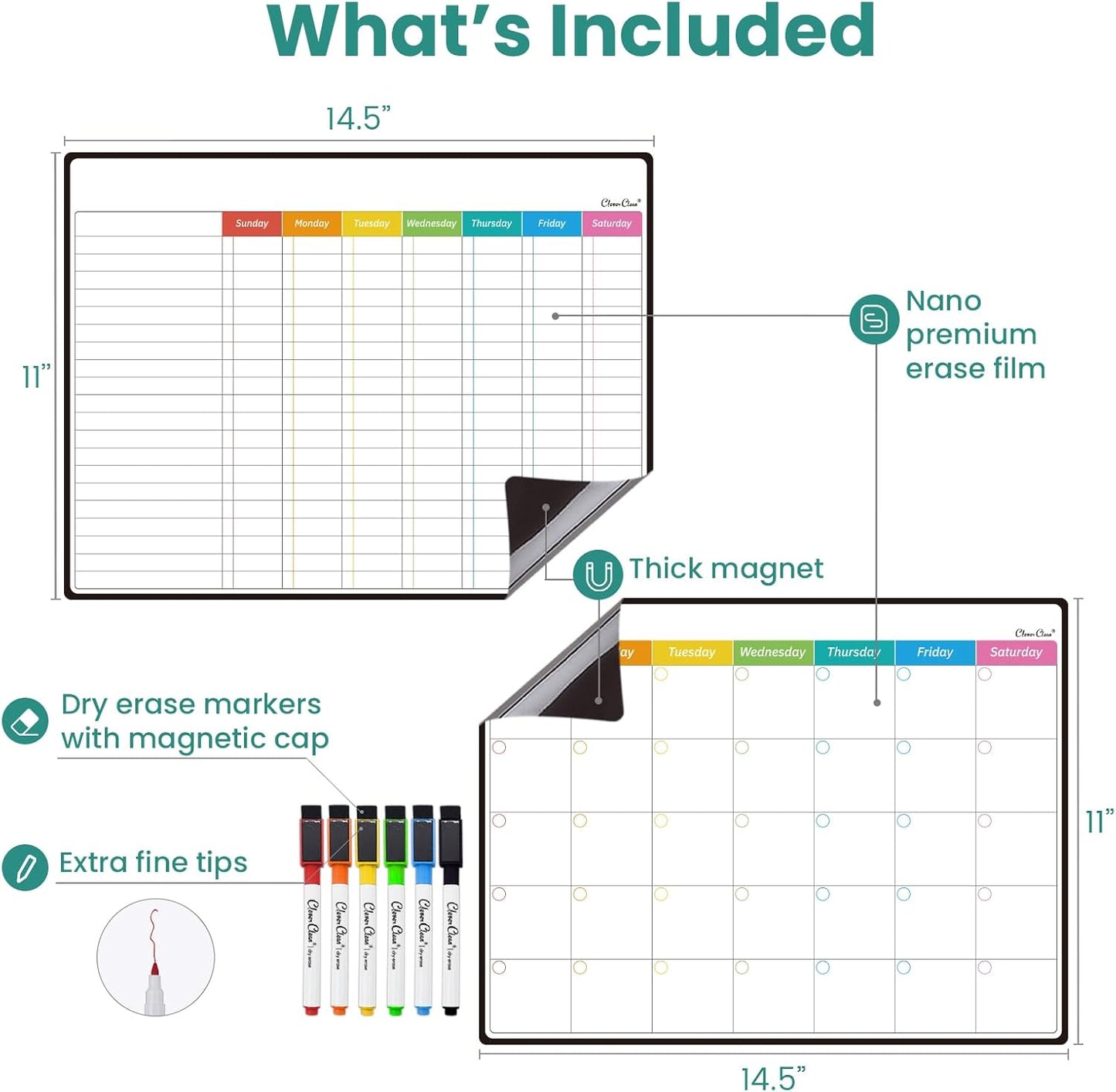 Magnetic Dry Erase Chore Chart, Monthly Calendar Set - 14.5"x11" Monthly Calendar, Chore Board for Fridge - 6 Extra Fine Point Markers Included - Shipped Flat