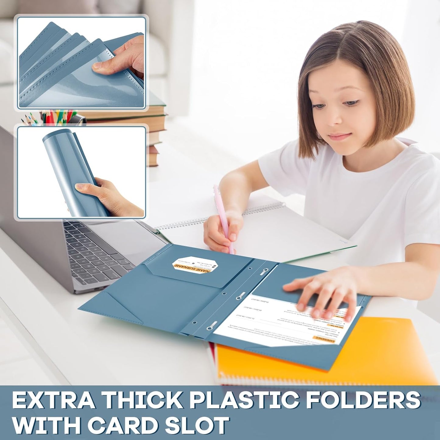 Henoyso 72 Pcs Plastic Folder with Clear Front Pocket and 3 Prong Plastic Folders with Card Slot Pocket Folders with Prongs for School Office (Navy Blue)