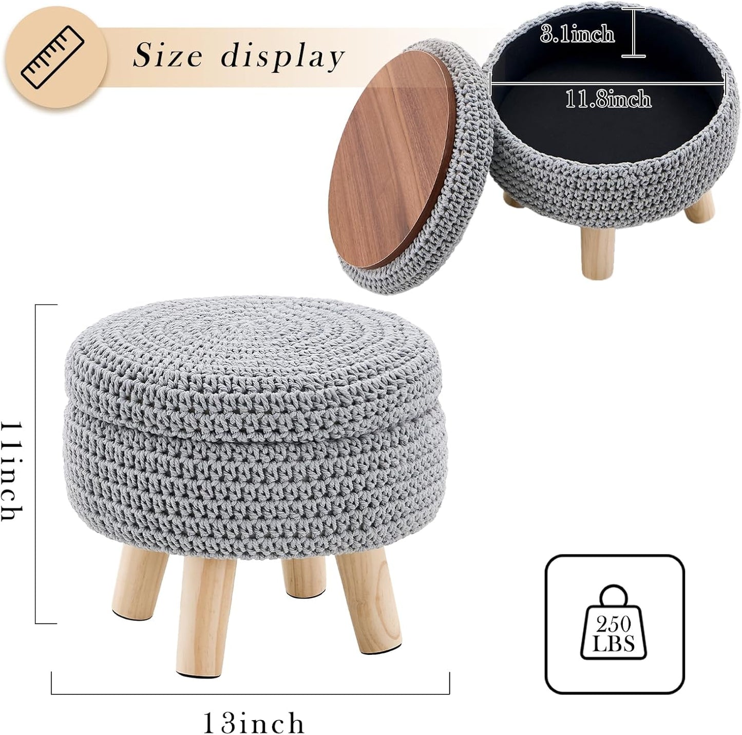 Round Storage Ottoman Foot Rest Cotton Braided Foot Stool Pouf Ottoman with Solid Wood Legs Footstool with Storage Shoe Changing Stool for Living Room Gray