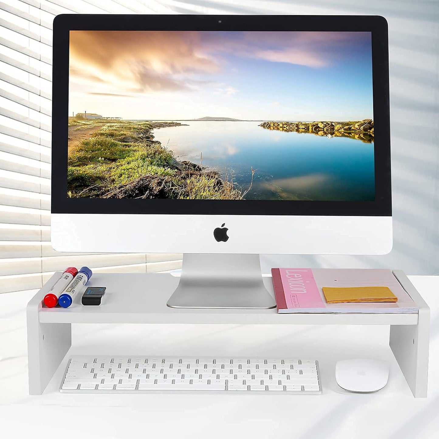 KINLINK Solid Wood Monitor Stand Riser, Monitor Riser with 2 Adjustable Height, 15.8 inch Computer Riser for Computer, iMac, PC, Printer, Computer Monitor Stand for Home & Office, White