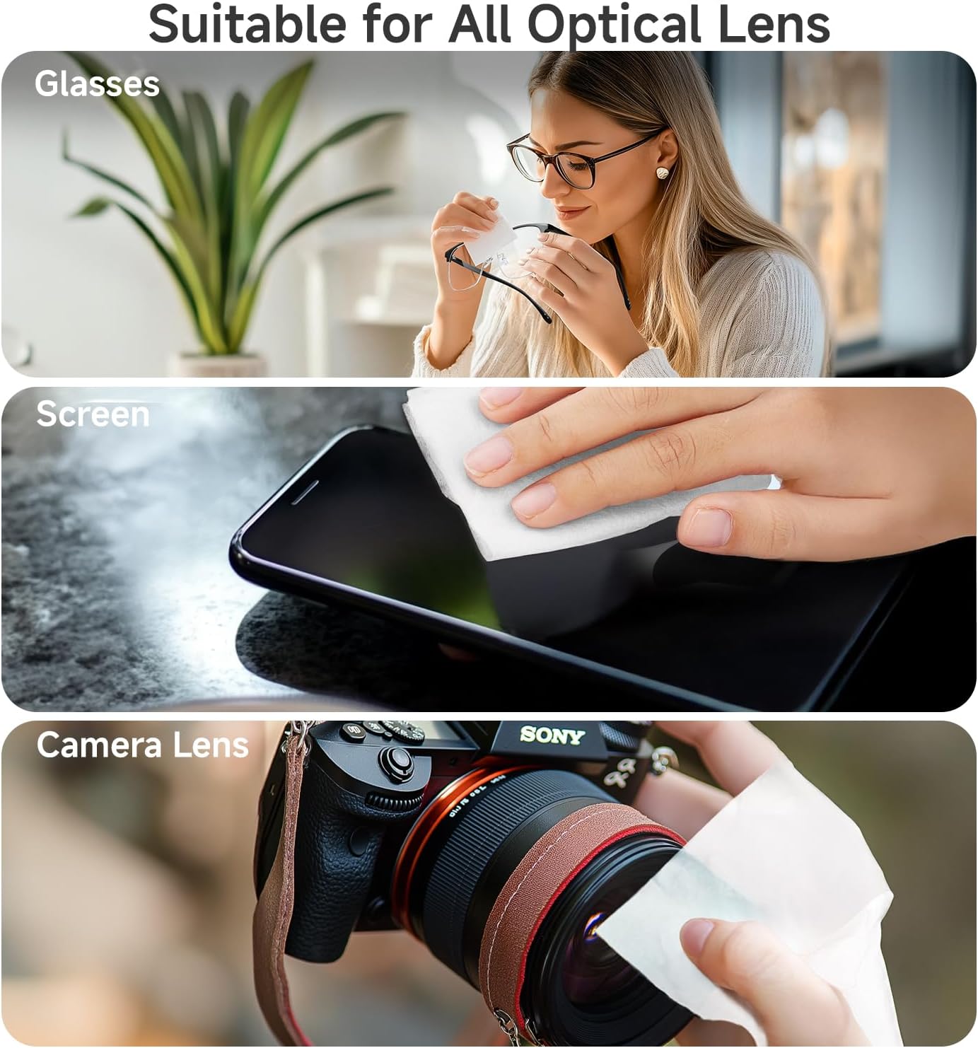 Anti Fog Lens Wipes for Eyeglasses, [150 Pre-Moistened Individually Wrapped Wipes] [Non-Scratching & Non-Streaking] Cleaner Wipes for Glasses, Sunglass, Phone Screen Camera Lens, Goggles