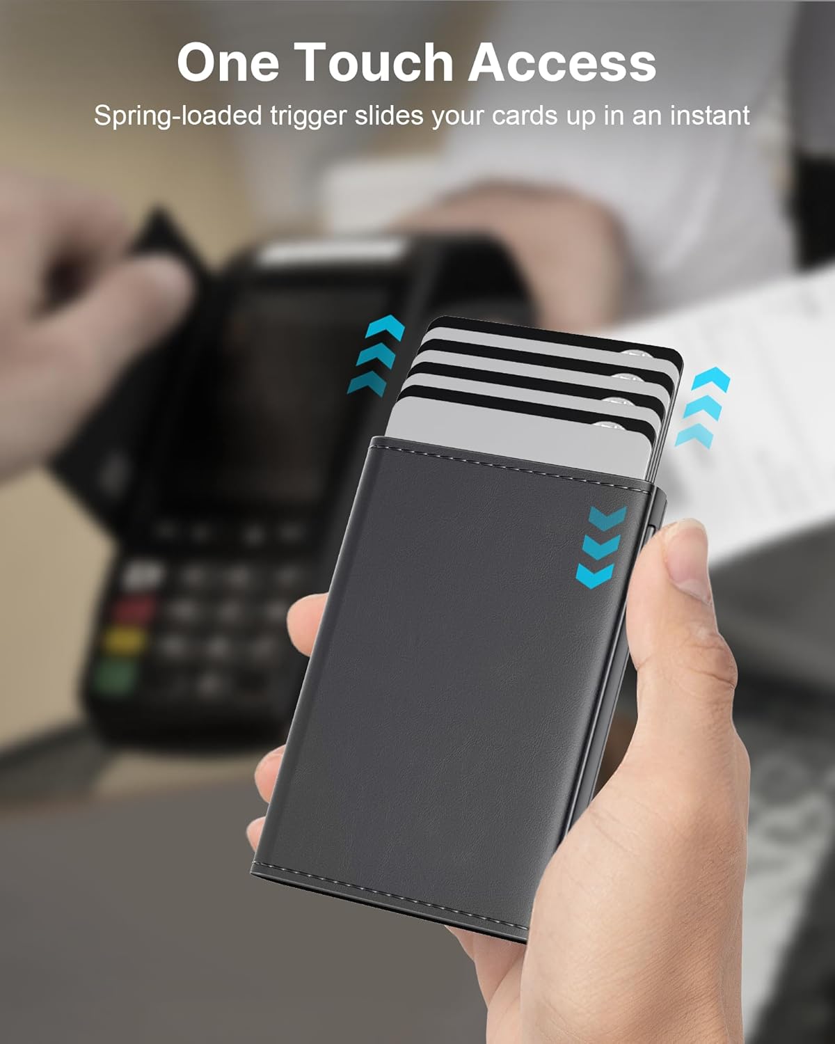 typecase Mens Wallet Card Holder: Pop Up Aluminum Case, Premium Genuine Leather, Smart, RFID Blocking, Slim, Minimalist, Front Pocket - 9-14 Card Capacity | ID Window | Cash Slot - Deep Grey