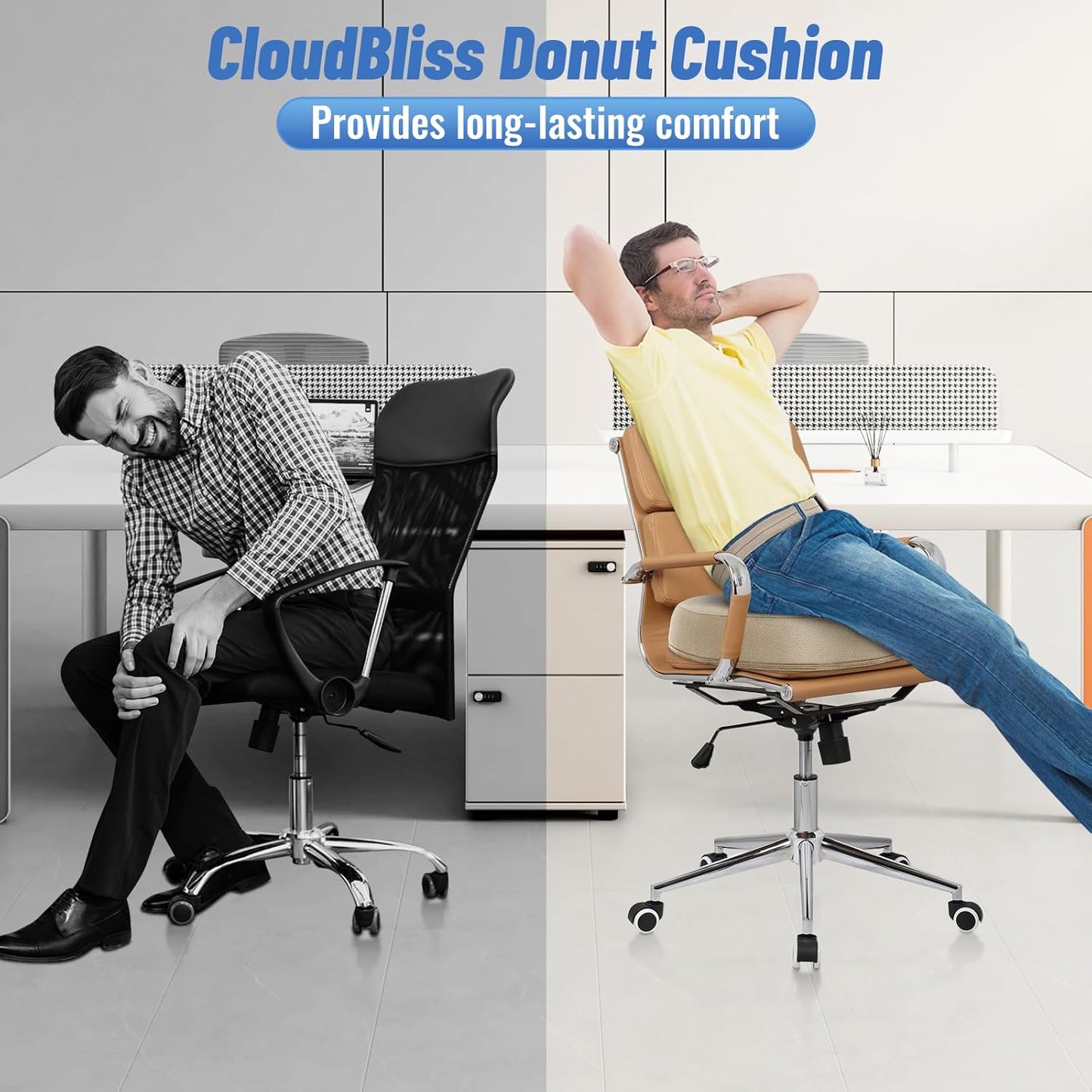 CloudBliss Donut Pillow Seat Cushion Chair Pad for Tailbone Pain Relief and Hemorrhoids, Memory Foam Seat Chair Cushion for Men and Women for Home & Office, (Khaki-XL)