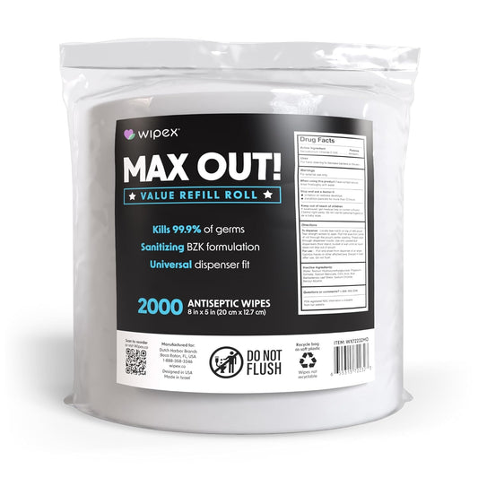 Wipex Max Out Sanitizing Wipes for Gyms - 2000 Wipes Economy Size Refill Rolls for Dispensers, 5"x8" - Ideal for High Volume Commercial Wellness Centers, Schools, Public Facilities & Studios