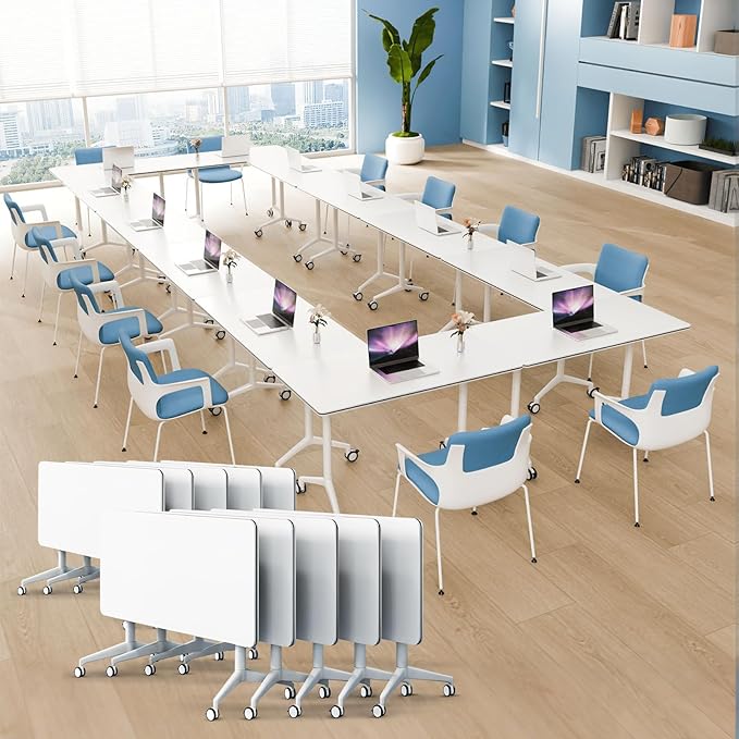 10Pack Folding Conference Room Table, Modern Conference Tables with Silent Wheels, Large Rectangular Mobile Training Tables for Office Classroom, Foldable Modular Seminar Table White (L70.9in)