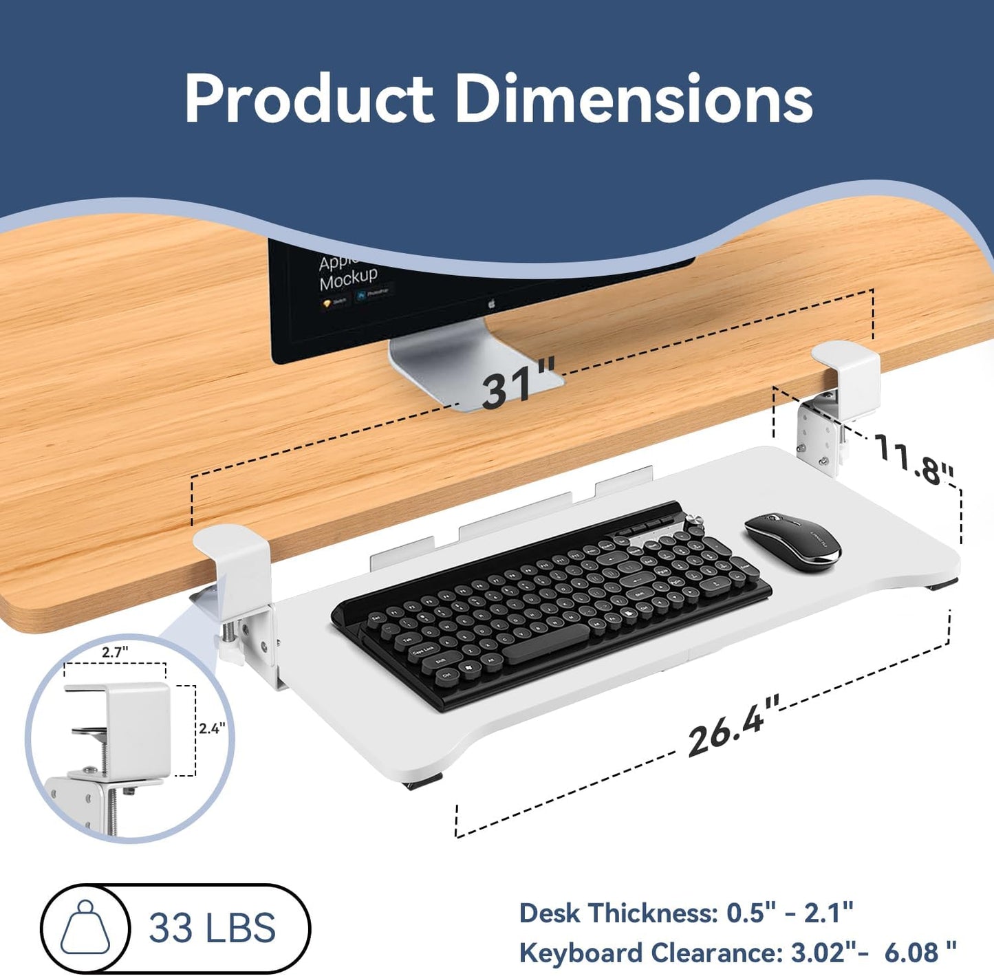 VUSIGN Keyboard Tray Under Desk Height Adjustable,Pull Out with Adjustable C Clamp Mount System for L-Shaped Tables, Extra Sturdy, 26.4” x 11.8” Slide-Out Platform Computer Drawer for Typing,White