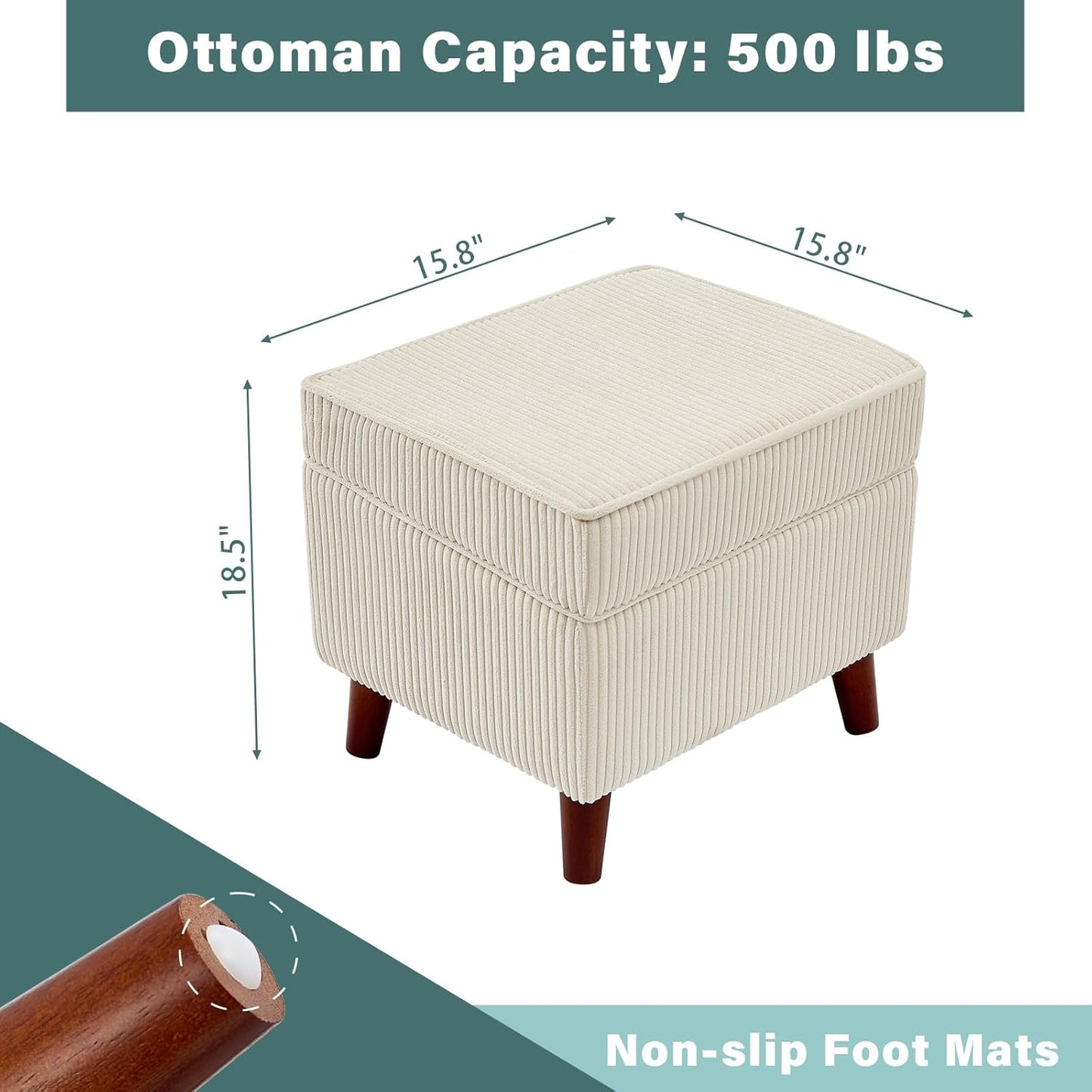 Storage Ottoman with Adjustable Lid, Soft Step Stool, Footrest and Seat, Ottoman Foot Rest for Living Room, Bedroom, Dorm, Beige