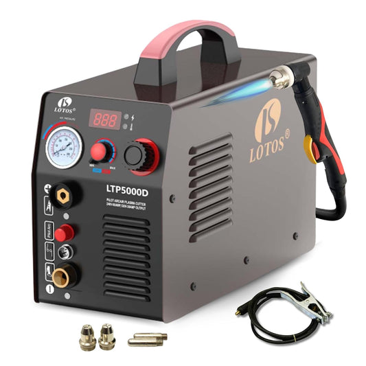 LOTOS LTP5000D Plasma Cutter, 2024 Upgraded 5/8" 16mm Clean Cut 3/4" 20mm Severance Cut 50A Non-Touch Pilot Arc Plasma Metal Cutter Machine, Plasma Cutting Equipment, Dual Voltage 120V or 240V, Brown