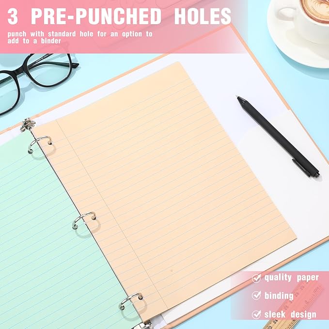 PerKoop 12 Pack 600 Sheets Colored Lined Paper Bulk Wide Ruled 8 x 10.5 Inches, Pastel Loose Leaf Notebook Paper 3 Hole Punched Filler for Back School Classroom Supplies(Light Color)