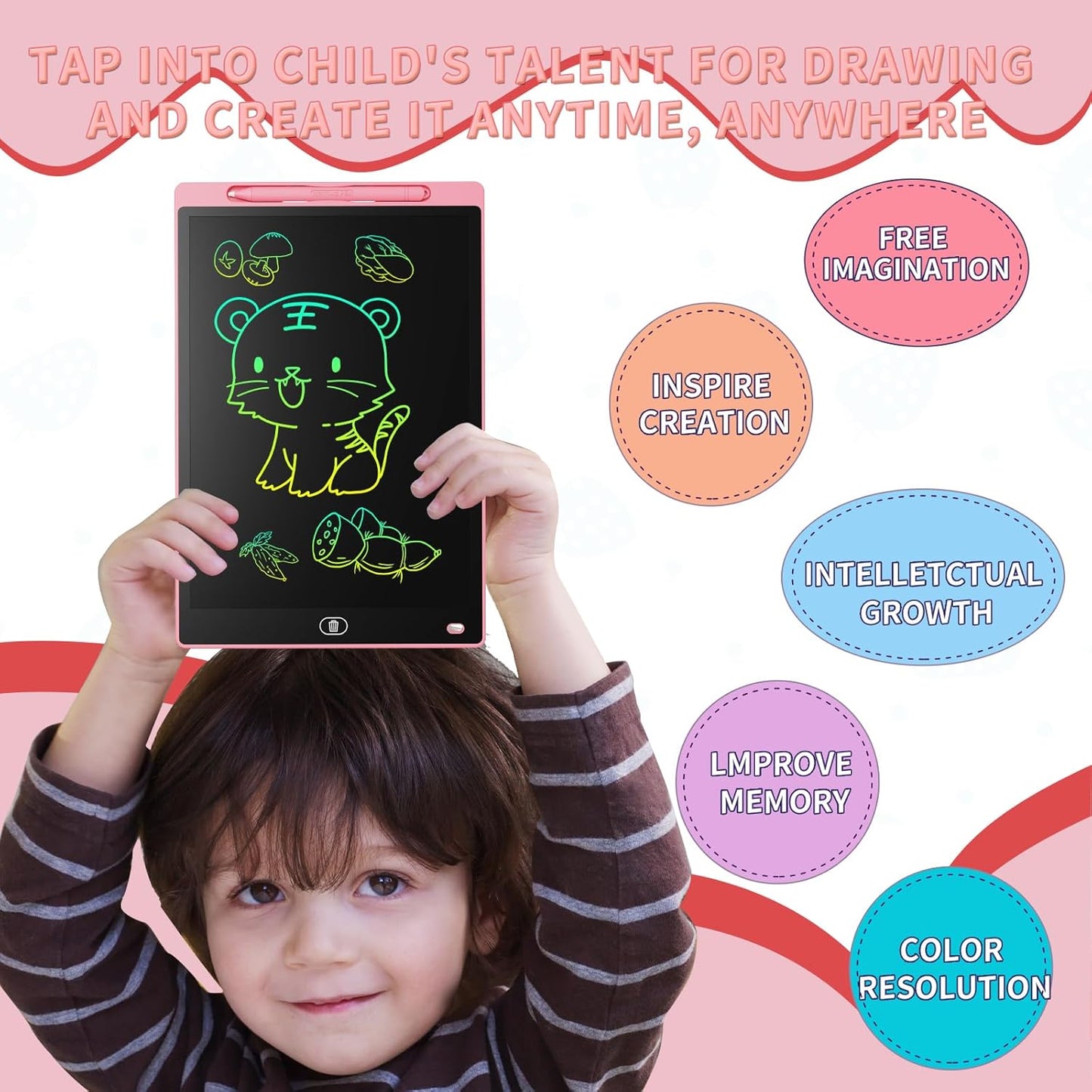 LCD Writing Board 16 Inches, Colourful Electronic Tablet, Portable Erasable Drawing Board, Graphic Tablet for Children's Games 3 4 5 6 7 Year Old Kid Boys Girls (Pink)